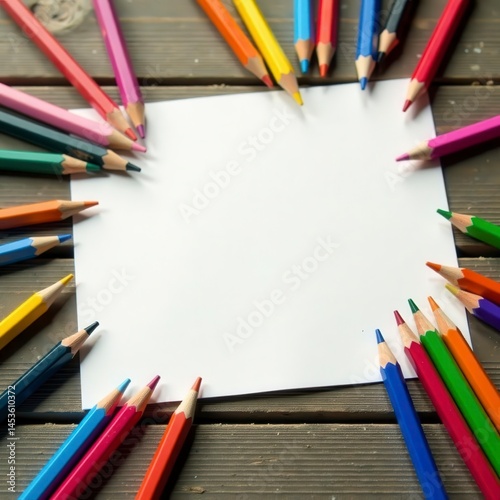 Wallpaper Mural Scattered pencils, blank paper sheet, weathered wood tabletop , texture, material, overhead Torontodigital.ca