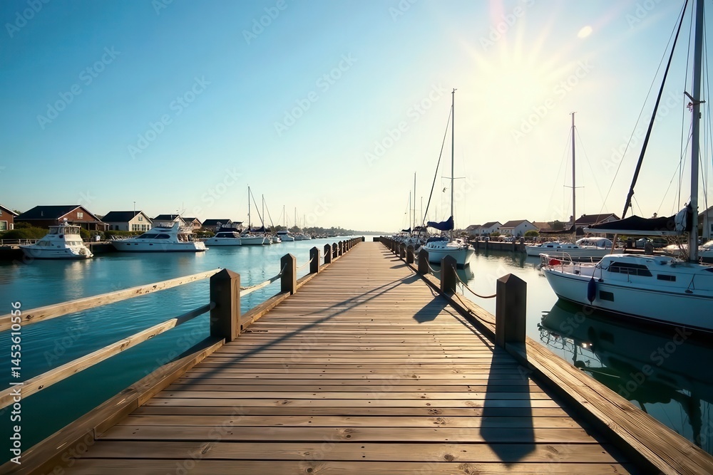 Fototapeta premium Sun-drenched Rhodes harbor; wooden boardwalk gleams , outdoors, wood planks