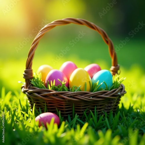Wallpaper Mural Sun-drenched Easter eggs in a rustic basket amongst lush green spring grass , pastel, happy Torontodigital.ca
