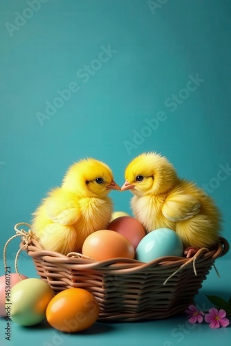 Wallpaper Mural Two yellow chicks amongst vibrant eggs in a rustic blue background basket , country, image, vibrant Torontodigital.ca