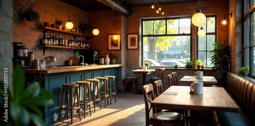 Wallpaper Mural Warm lighting bathes rustic wood tables and chairs in a cozy coffee shop , ambiance, atmosphere, seating Torontodigital.ca