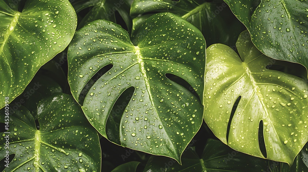 Fototapeta premium Closeup of Lush Green Monstera Leaves with Water Droplets