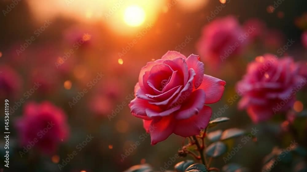 Romantic rose garden at sunset with soft focus and bokeh, perfect for background