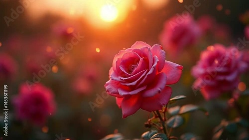 Romantic rose garden at sunset with soft focus and bokeh, perfect for background