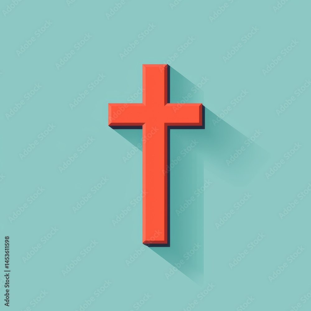 Obraz premium A Simple Orange Cross, with a long shadow on a teal Background