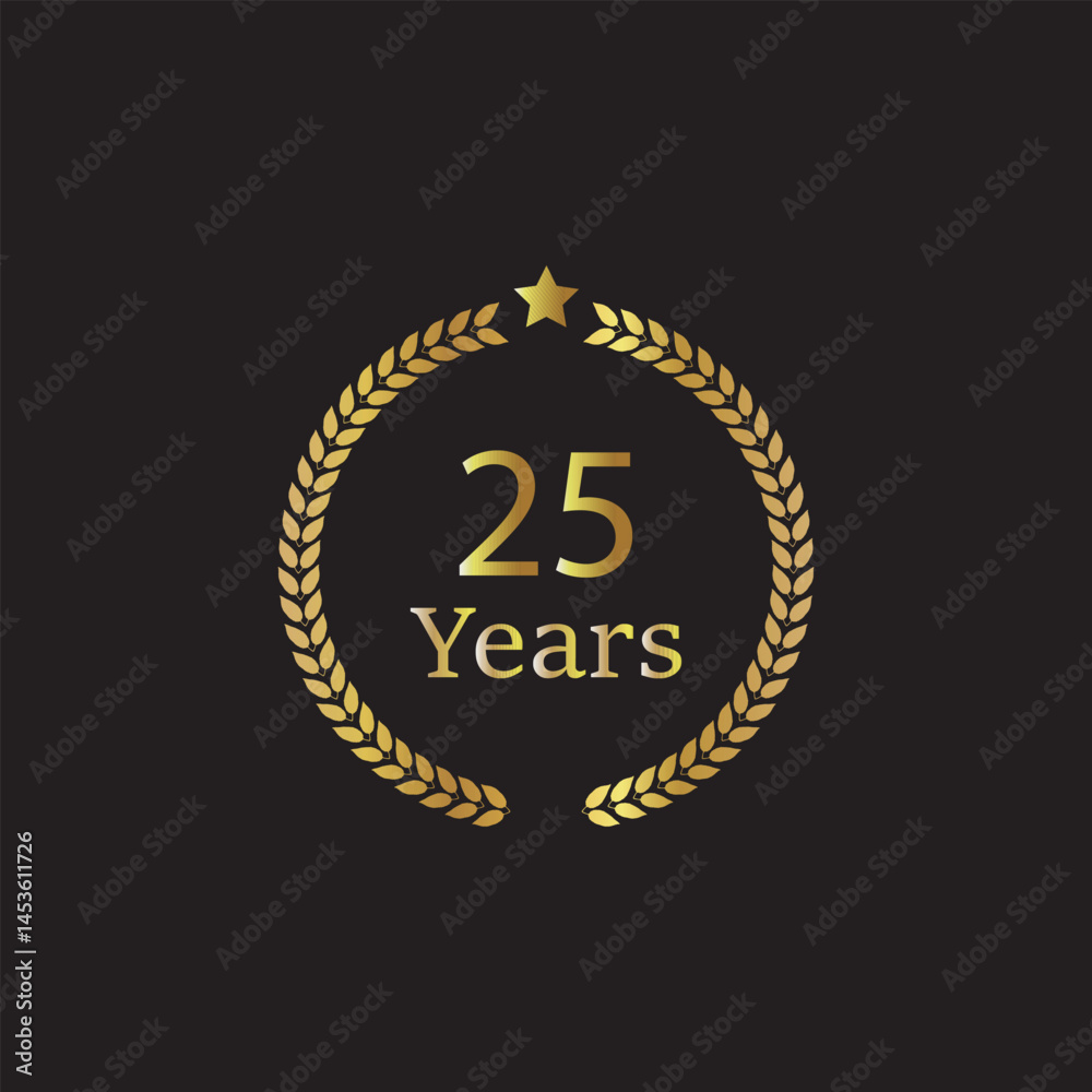 Fototapeta premium 25th years gold text on black background. 25th years stylish card. Graphic design element with golden number .vector illustration template design.
