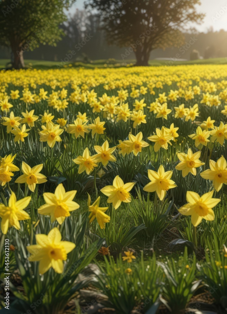 Obraz premium Sunlit daffodils burst forth in vibrant yellow against a verdant field , bright, landscape