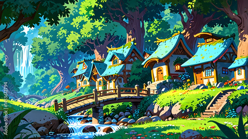 an enchanted elf village along a sparkling forest stream. Quaint curved wooden houses with vibrant moss roofs and flower-adorned chimneys are connected by small bridges.