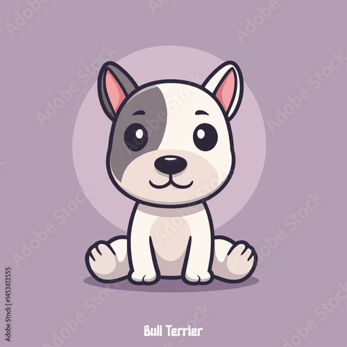 Bull Terrier. Adorable cartoon puppy sitting patiently against a soft background. A cute and friendly illustration.