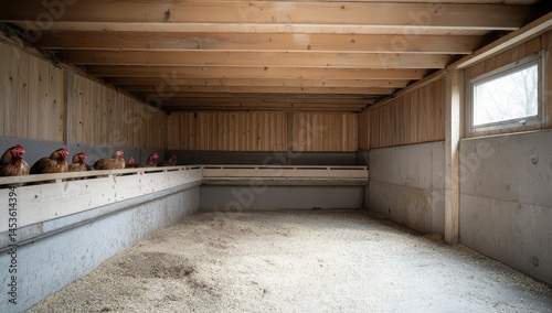 Brown Hens in Rustic Wooden Chicken Coop with Natural Lighting