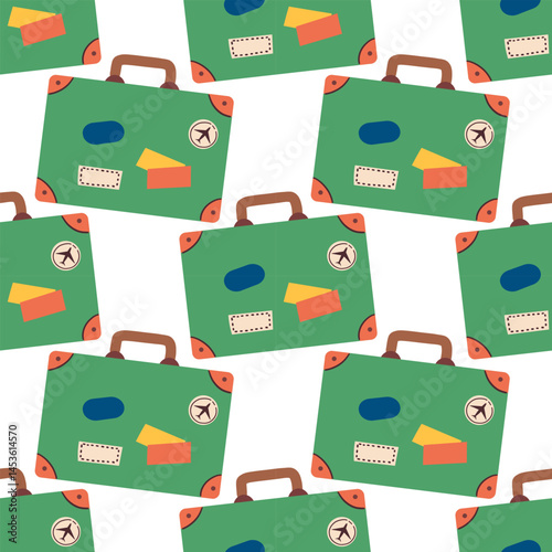 Trendy vacation Seamless pattern with travel items. Endless background with suitcase and travel elements . Travel around the world, adventure. Design for fashion , fabric, textile, and all prints