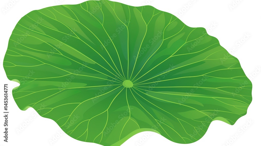 Fototapeta premium A green lotus leaf is prominently isolated on a white background, introducing a concept related to nature and tranquility with the integration of Generative Ai. The vivid green of the lotus leaf again