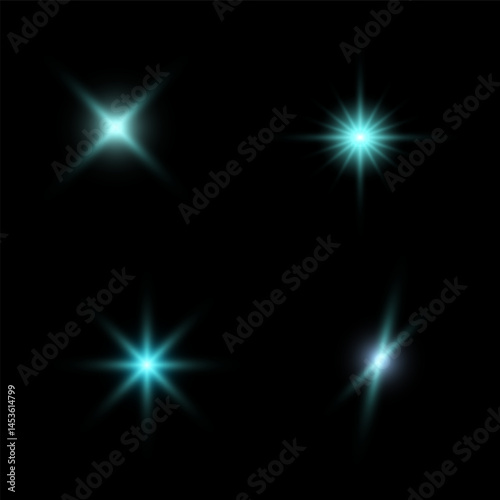 Illustration of blue sparkling stars on a black background. For cosmic, magical, or festive designs, posters, invitations, or digital art. Sparkling stars, flickering and flashing lights effect.