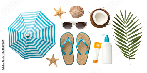 summer beach set isolated on transparent background