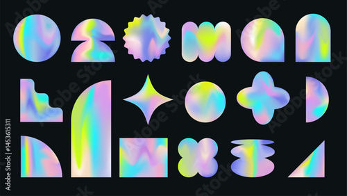 Iridescent retro futuristic abstract shapes with holographic gradients on black background.