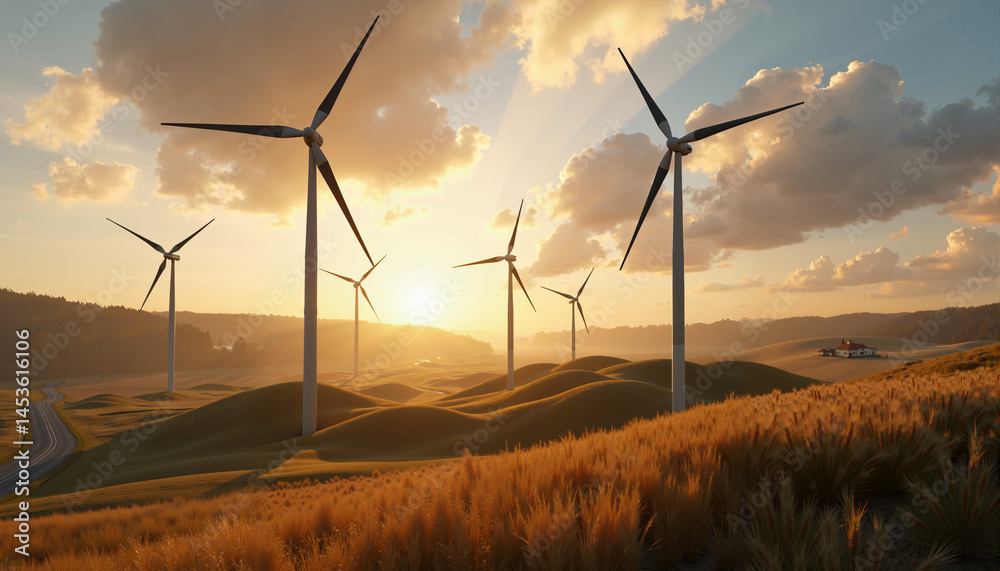 Obraz premium Wind Turbine Farm Sunset Clean Energy