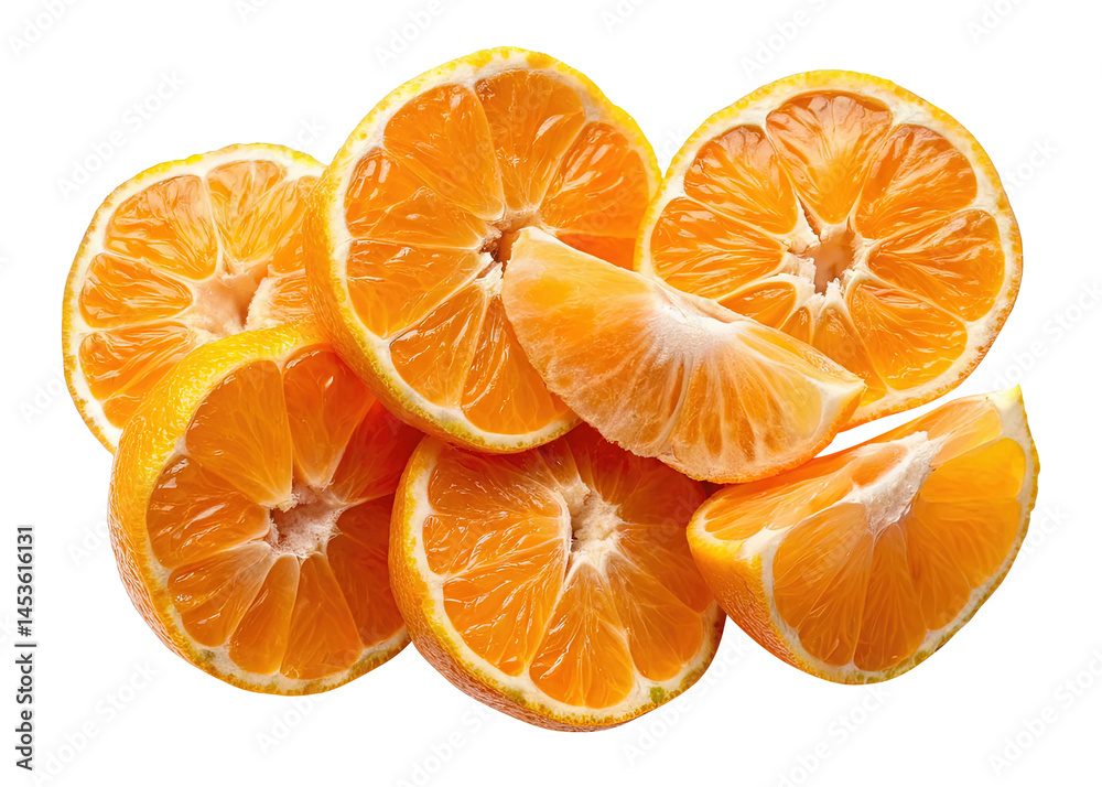 A vibrant group of sliced tangerines displays their freshness and juicy appeal A vibrant group of sliced tangerines displays their freshness and juicy appeal
