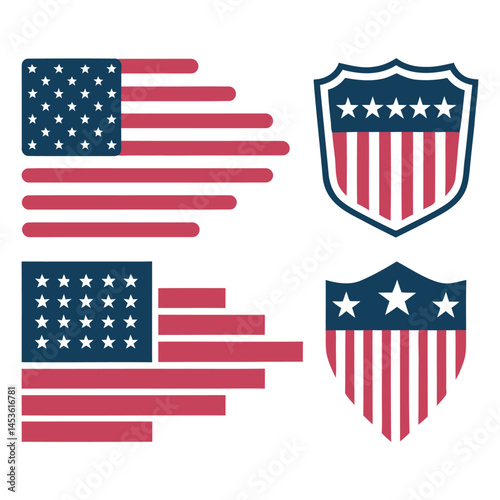  American Flag and Shield Vector Set, USA shield icon. USA flag shield icon, Vector illustration
