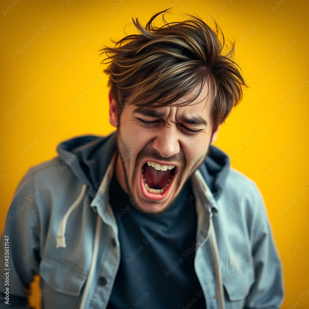 Exhausted lazy man yawns as awakes early in morning has messy hairstyle and wears casual clothes. Fatigue European guy with feathers in hair, wants to sleep and stands against yellow background Exhausted lazy man yawns as awakes early in morning has messy hairstyle and wears casual clothes. Fatigue European guy with feathers in hair, wants to sleep and stands against yellow background