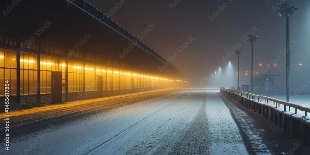 Obraz premium Snowy Urban Scene at Night Featuring Illuminated Building and Street Lights Under a Foggy Sky on a Cold Winter Night in City