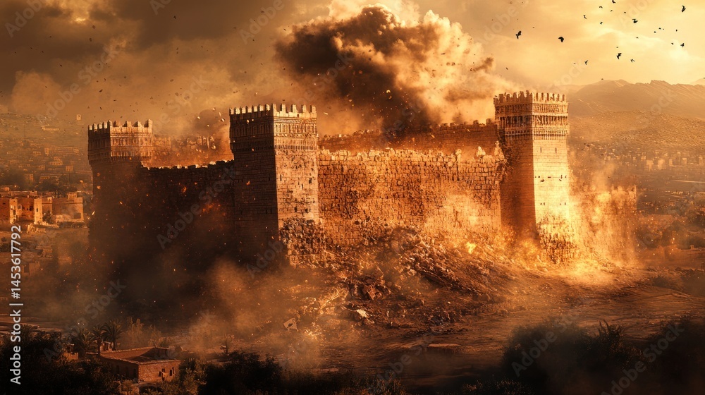 Naklejka premium Medieval castle under siege, collapsing in flames and explosions. Dramatic destruction.