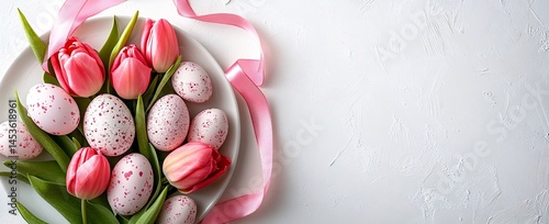 Easter table setting with pink tulips on white wooden background photo