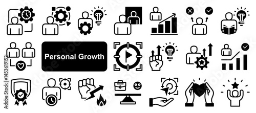 Personal growth icon collection set. Containing development, improvement, progress, learning, evolve, transformation icon. Simple glyph vector.	