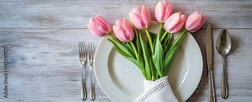 Easter table setting with pink tulips on white wooden background photo