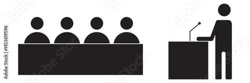 Meeting room illustration with participants line icon . 