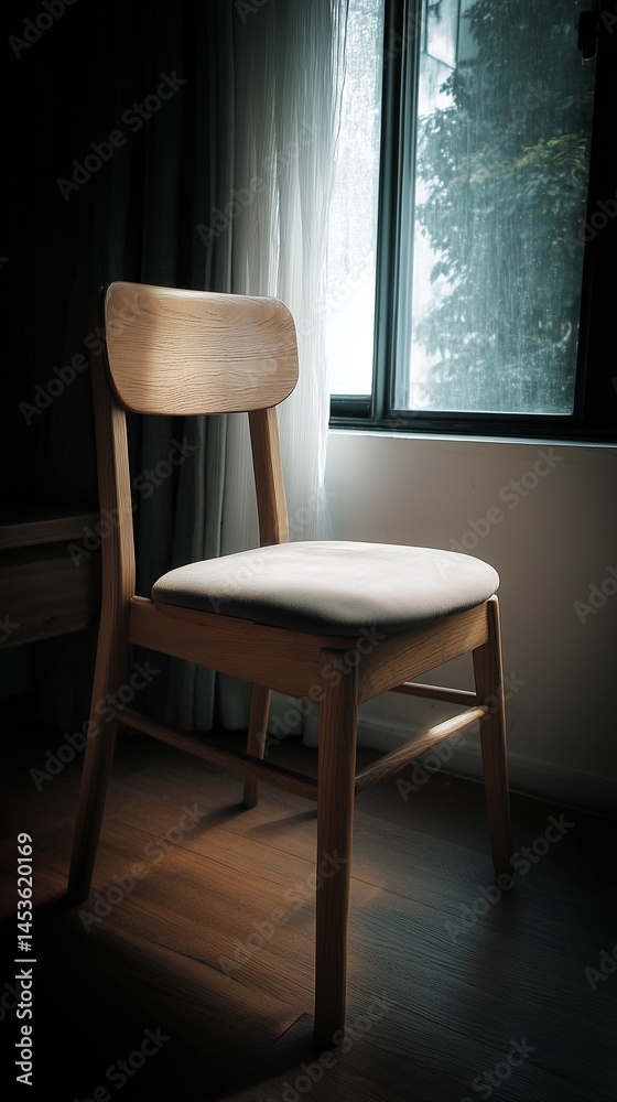 Obraz premium Minimalist Wooden Chair by Window with Soft Cushion, Inviting Solitude and Internal Strength