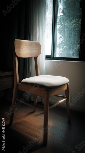 Minimalist Wooden Chair by Window with Soft Cushion, Inviting Solitude and Internal Strength

