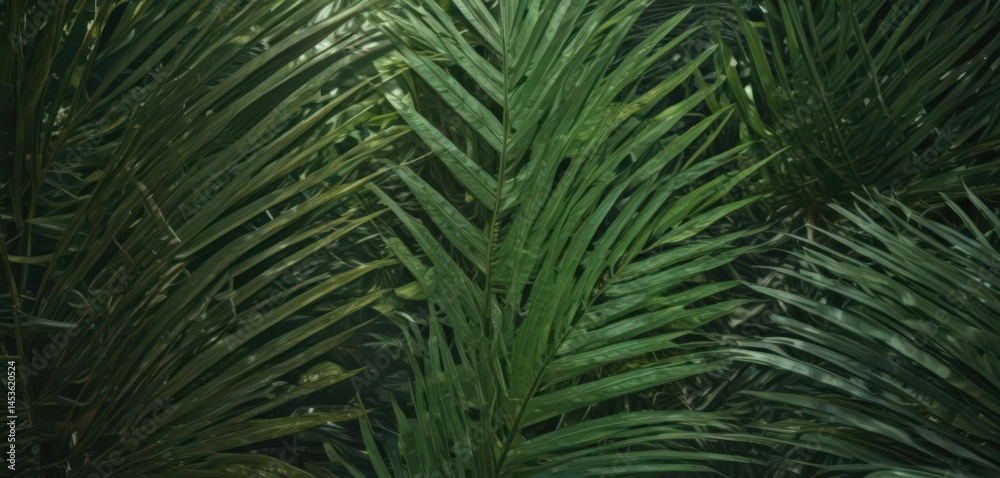 Naklejka premium Deep emerald palm leaf surface, sunlight highlights texture , veins, macro, greenery