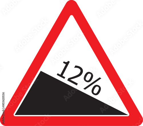 road sign warning drivers of a steep downhill slope with a 12% gradient, triangular shape, red border