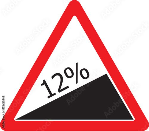 road sign indicating steep incline of 12 percent, warning sign for drivers, triangular shape, red border