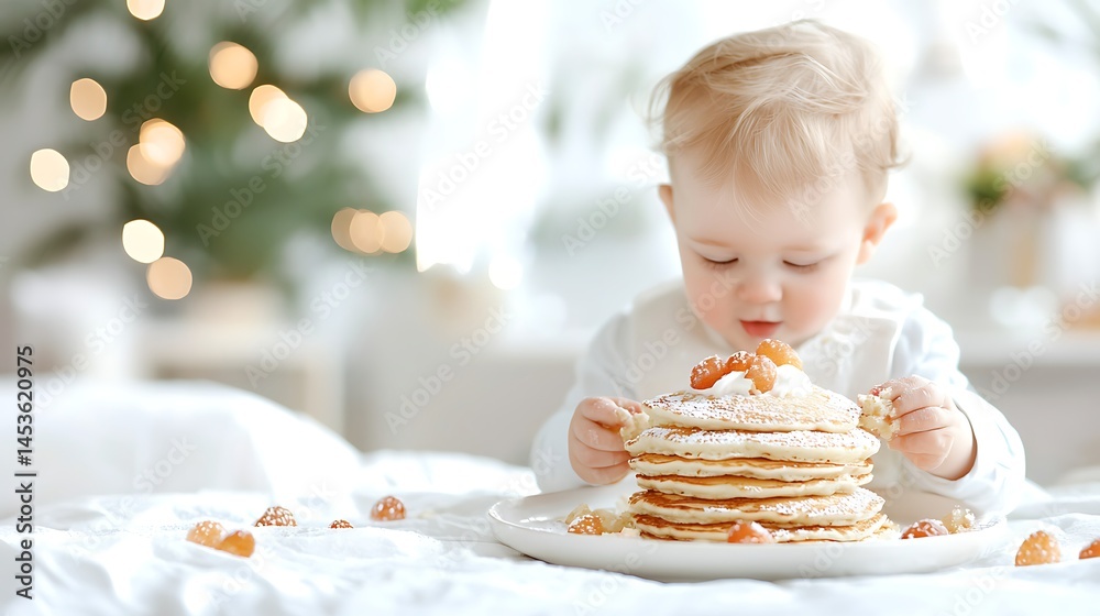 Delightful baby enjoys pancakes at home food photography cozy indoor setting whimsical scene Delightful baby enjoys pancakes at home food photography cozy indoor setting whimsical scene