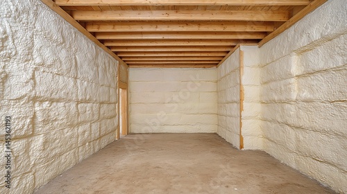 Polyurethane foam coats the basement garage walls, providing effective insulation during ongoing renovation work.
