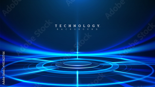 Empty neon glowing podium on futuristic blue light background, stage technology design idea for promotion or presentation.