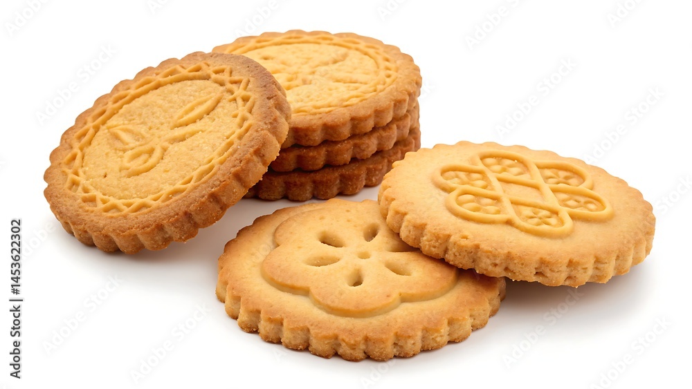 Deliciously crispy cookies stacked neatly, with detailed patterns highlighting their artisanal craftsmanship and tempting appeal. Deliciously crispy cookies stacked neatly, with detailed patterns highlighting their artisanal craftsmanship and tempting appeal.