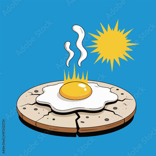 Fun and playful vector design of a sunny-side-up egg frying on a hot sidewalk, with exaggerated heat waves and a blazing sun, perfect for National Sidewalk Egg Frying Day.