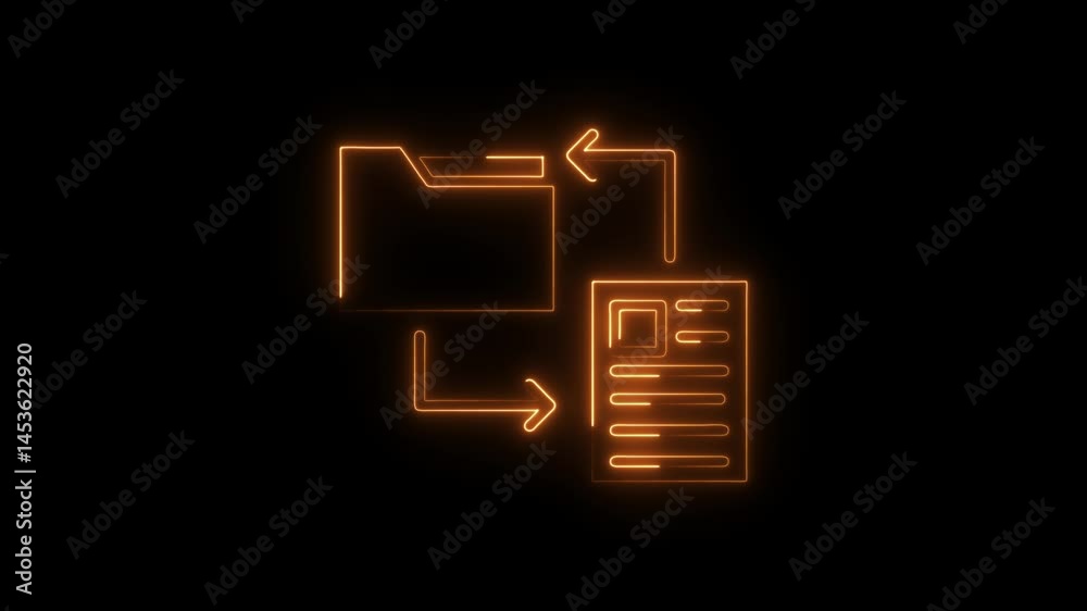 Glowing orange data transfer animation file folder icon concept with copy and paste arrows on black background