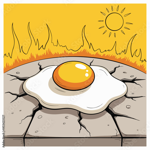 Fun and playful vector design of a sunny-side-up egg frying on a hot sidewalk, with exaggerated heat waves and a blazing sun, perfect for National Sidewalk Egg Frying Day.