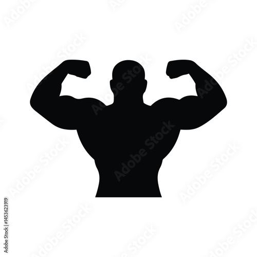 Bold silhouette of a muscular man flexing both biceps, standing in a confident posture. Ideal for fitness, bodybuilding, gym logo, or strength-related concepts. Vector style on a plain background.