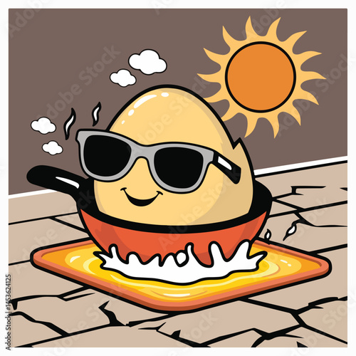 Fun and playful vector design of a sunny-side-up egg frying on a hot sidewalk, with exaggerated heat waves and a blazing sun, perfect for National Sidewalk Egg Frying Day.
