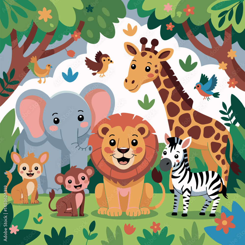 Naklejka premium A cheerful and colorful cartoon jungle scene featuring friendly animals like a lion, elephant, giraffe, zebra, monkey, deer, and birds surrounded by lush greenery and trees. The text reads 