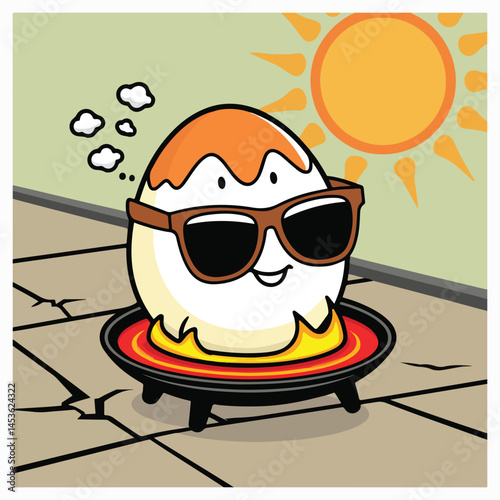 Fun and playful vector design of a sunny-side-up egg frying on a hot sidewalk, with exaggerated heat waves and a blazing sun, perfect for National Sidewalk Egg Frying Day.