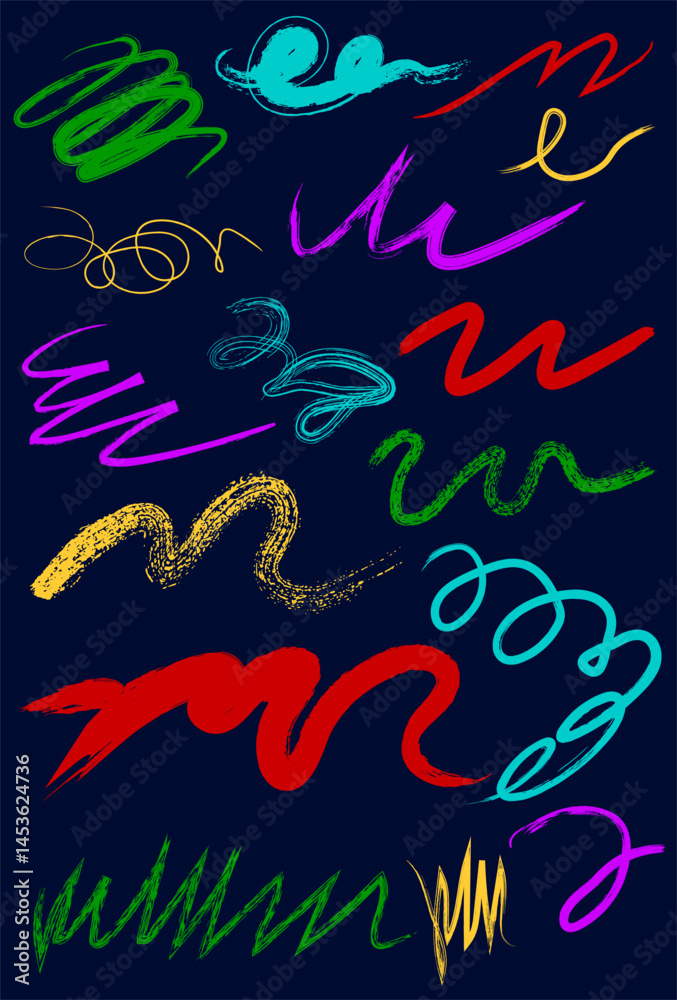 Abstract colorful scribbles, wavy, curly lines, paint brush strokes. Perfect for creative projects, backgrounds, or graphic design. Minimalist yet dynamic, the lines add modern energy and movement.