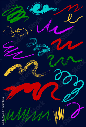 Obraz na płótnie Abstract colorful scribbles, wavy, curly lines, paint brush strokes. Perfect for creative projects, backgrounds, or graphic design. Minimalist yet dynamic, the lines add modern energy and movement. w salonie