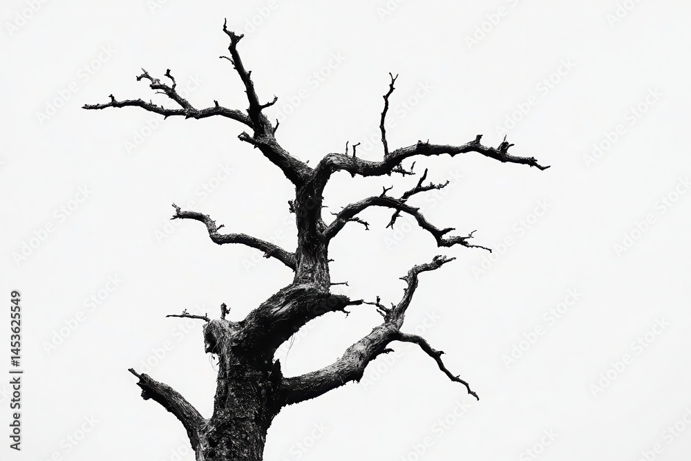 Fototapeta premium A stark, leafless tree silhouette against a white sky, symbolizing resilience and solitude