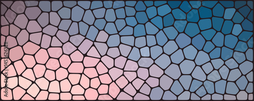 Abstract mosaic pattern with irregular cells, transitioning from soft pink and lavender tones on the left to cool blue hues on the right.

