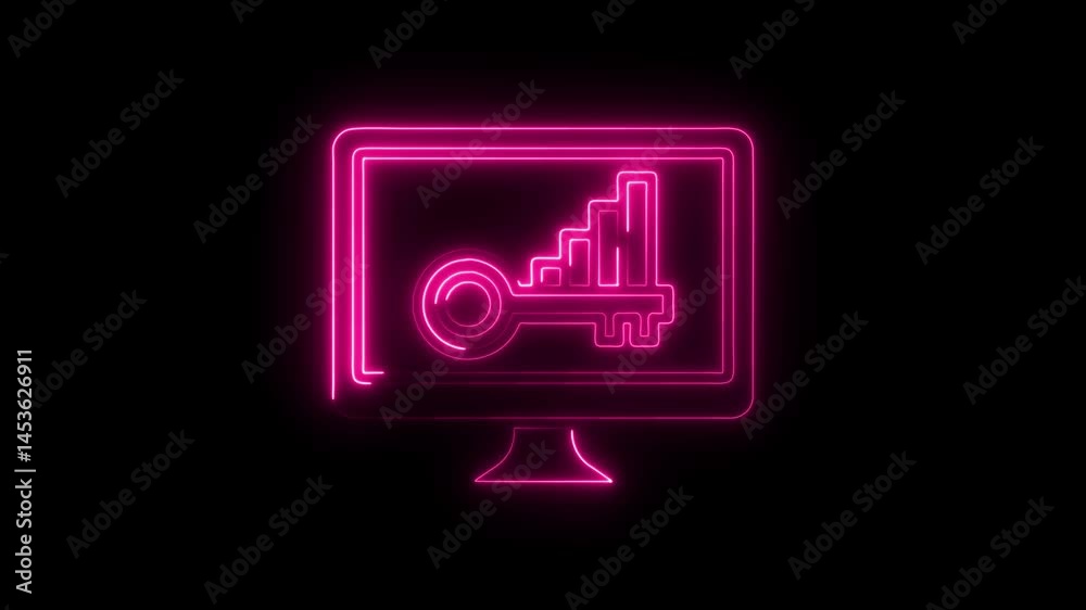 Neon monitor displaying key and graph icon animation on black background cyber security concept for technology Neon monitor displaying key and graph icon animation on black background cyber security concept for technology